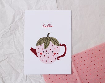 Postkarte Erdbeere cute Teekanne