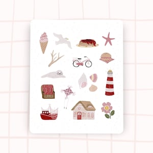 Nordsee Aufkleber maritim Ostsee Meer Urlaub mit Strandkorb Reetdachhaus Möwe Muschel Seestern Leuchtturm Sticker