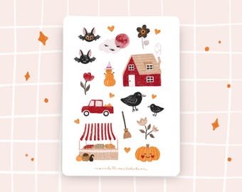 Herbstliches Stickersheet mit kleinen cozy cottage core Zeichnungen