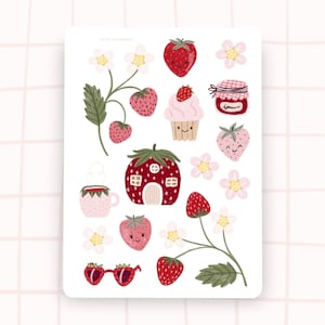 Stickersheet süße Erdbeeren Blüten Blumen Haus Kuchen Sommer Frühling Aufkleber