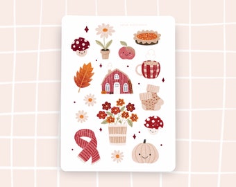 Hoja de pegatinas cottagecore con adorables hongos y calabazas, ilustraciones en colores otoñales.