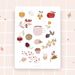Aufkleber cozy Herbst niedliche Tiere Sticker mit Beeren, Lampionblume, für Bullet Journal Filofax hygge cozy