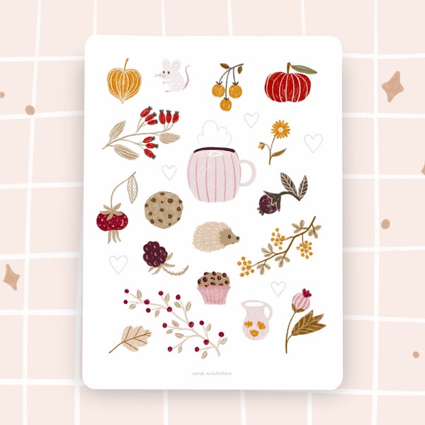 Aufkleber cozy Herbst niedliche Tiere Sticker mit Beeren, Lampionblume, für Bullet Journal Filofax hygge cozy