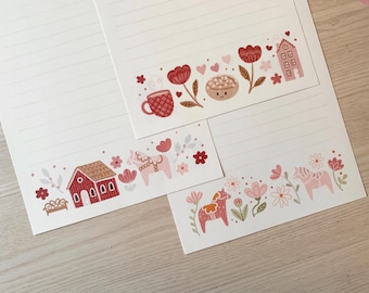 Briefpapier / Schreibpapier Skandi mit Zimtschnecke, Dalapferden, Blumen, Schwedenhaus