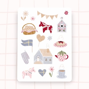 Schwedische Aufkleber Schweden Sticker Hygge Fika Zimtschnecken Dala Pferd Schwedenhaus Flagge blau beige rot
