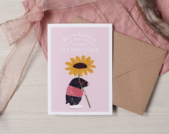 Tarjeta de cumpleaños topo con letras de girasol Tarjeta de felicitación por tu cumpleaños Tarjeta plegable DIN A6 con sobre de papel kraft