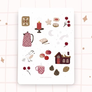 Weihnachts Sticker Hütte im Schnee Beeren hygge cozy Kerze Vogel Lebkuchen Äpfel Plätzchen Weihnachtszeit Winter Motive
