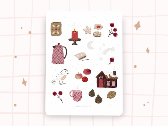 Weihnachts Sticker Hütte im Schnee Beeren hygge cozy Kerze Vogel Lebkuchen Äpfel Plätzchen Weihnachtszeit Winter Motive