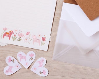 Briefpapier Set Dalapferde mit Blumen auf Naturpapier rosa hellgrün