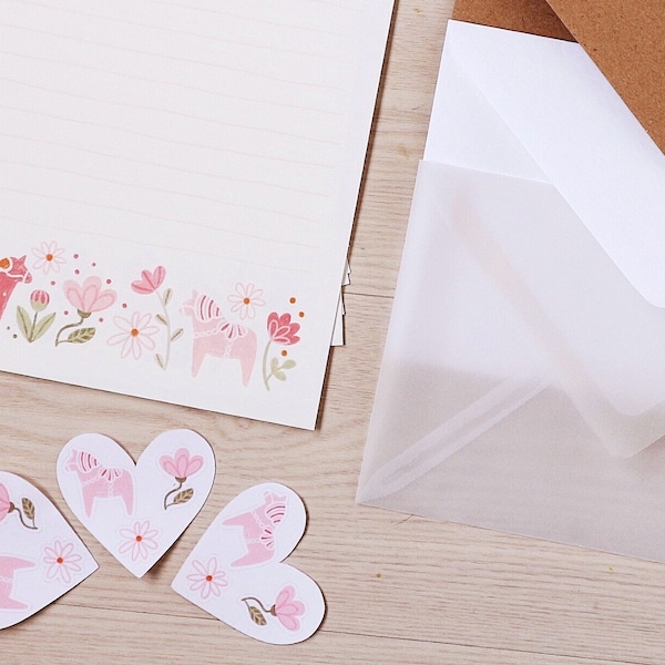 Briefpapier Set Dalapferde mit Blumen auf Naturpapier rosa hellgrün