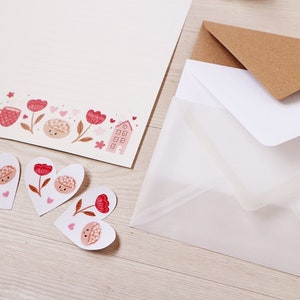 Hygge Briefpapier Set Zimtschnecke Blumen Haus auf Naturpapier rosa rot