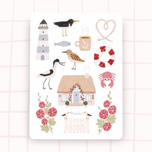 Nordsee Sticker Meerliebe Seevögel Leuchtturm Reetdachhaus Stockrosen maritime Aufkleber moin