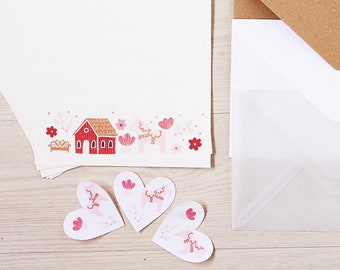 Schönes Briefpapier Set Haus Blumen Dalapferd auf Naturpapier rosa rot