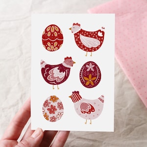 Oster Karte Folklore Muster Hühner und Eier traditionell Postkarte Klappkarte