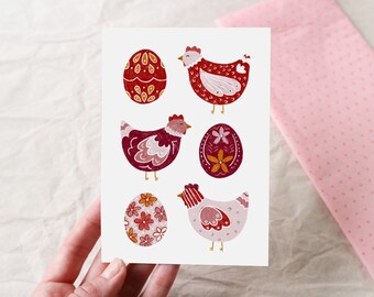 Oster Karte Folklore Muster Hühner und Eier traditionell Postkarte Klappkarte
