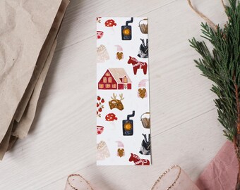 Schönes Lesezeichen Schweden Winter mit Dala Pferd Dachs Gnome Zwerge Schwedenhaus aus Papier rot schwarz beige Weihnachten