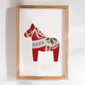Poster Sweden Dala horse red folklore illustration traditional Dalahäst print art print