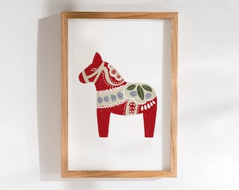 Poster Schweden Dalapferd rot Folklore Illustration traditionelles Dalahäst Print Kunstdruck