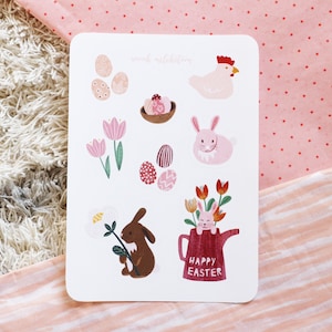 Aufkleber Ostern handgezeichnet, Henne / Huhn, Ostereier, Osterhasen und Blumen Kanne