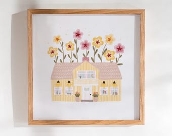 Poster gelbes gemütliches Schwedenhaus mit Blumen Illustration