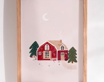 Poster hygge rotes Schweden Haus mit Garten und Natur Illustration Kunstdruck handgezeichnet