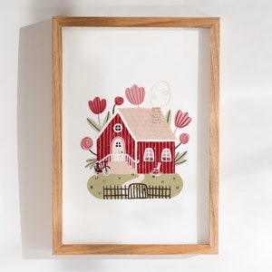 Poster Schwedenhaus rot Blumen Skandinavien Kunstdruck Sommer