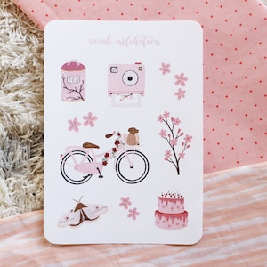 Sakura Aufkleber Japan Kirschblüte rosa mit Fahrrad, Polaroid Kamera Frühlings Sticker