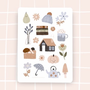 Sticker cottage core Bücher Pilze Teekanne Mütze