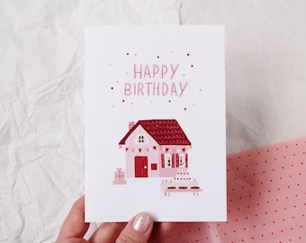 Birthday card Sweden House Celebration Happy Birthday Hand lettering with confetti
