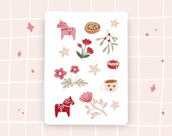 Aufkleber Dalapferde Blumen Zimtschnecke hygge Stickersheet