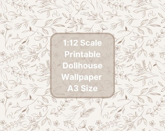 Puede incluir: Papel pintado para casa de muñecas con estampado floral beige y marrón. El diseño presenta delicados dibujos lineales de hojas, flores y tallos. El texto de la imagen dice: "Escala 1:12 Papel pintado imprimible para casa de muñecas Tamaño A3."