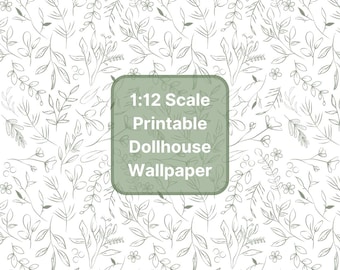 Afdrukbaar poppenhuisbehang met groene bloemen | Miniatuur 1:12 digitale download | Vellen van 8,5 x 11 inch