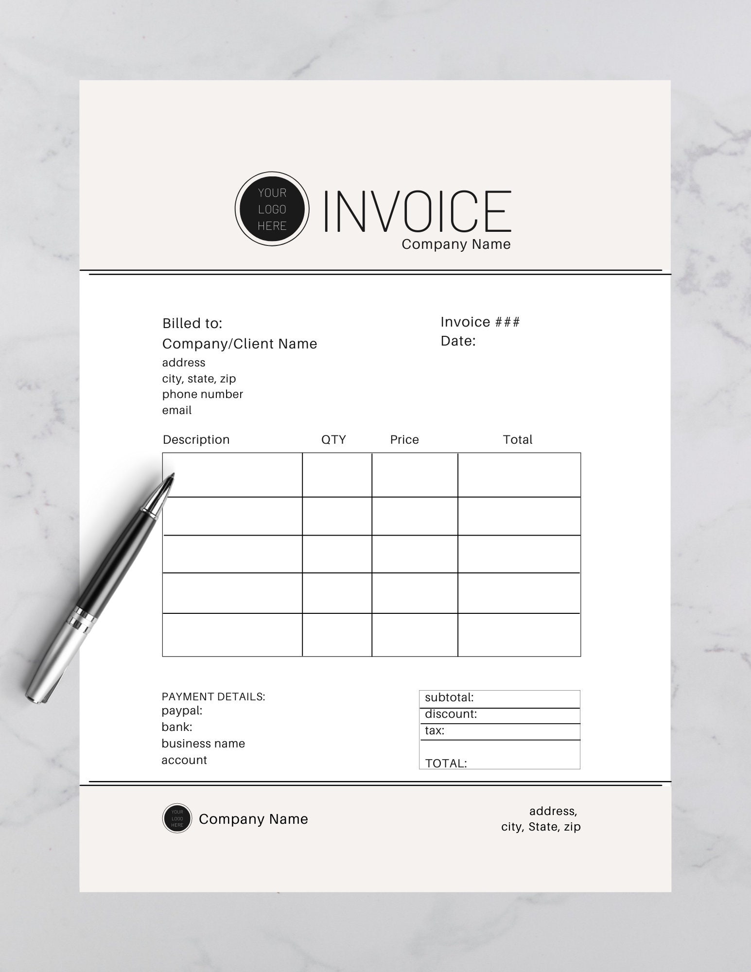 INVOICE TEMPLATE | Printable Customizable & Downloadable Invoice Template - Etsy