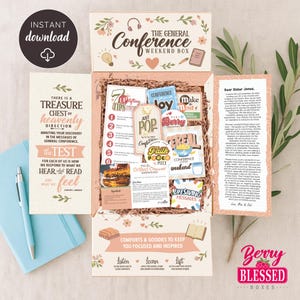 以下が含まれることがあります： 「The General Conference Weekend Box」と書かれたギフトボックスには、カード、ステッカー、ノートなど、さまざまなアイテムが入っています。ボックスはフローラルデザインで、「Instant Download」の文字が見えます。