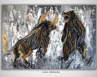 Bull and Bear Stock Market Wall Stock Exchange Wall Art Bull Animal Skull Black and White Wild Animal Original Bull Oil Canvas Home Decor