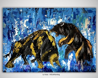 Bull and Bear Stock Market Wall Art Stock Exchange Wall Art Bull Oil Painting on Canvas Bull Bear Wall Decor Bull vs Bear Stock exchange art