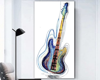 Pintura de guitarra em tamanho grande, obra de arte abstrata, pintura a óleo, música, sala de estar, decoração de guitarra, instrumento musical, amante da música