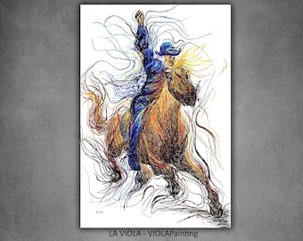 May include: Abstract artwork depicting a rider on a horse, rendered in a dynamic, expressive style. The rider is clad in blue, atop a brown horse, with flowing lines suggesting movement. The artwork is signed and includes the text "LA VIOLA - VIOLAPainting".