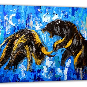 Bull Bear Wall Art Print, Bull Bear Painting Wall Street Poster, Bull Bear Poster, Bull Print Painting, Bull and Bear Stock Exchange Artwork