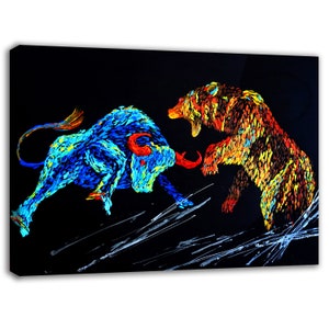 Bull Bear Wall Art Print, Bull Bear Painting Wall Street Poster, Bull Bear Poster, Bull Print Painting, Bull and Bear Stock Exchange Artwork