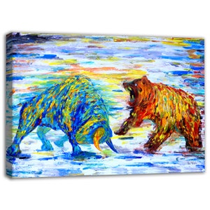 Bull Bear Wall Art Print, Bull Bear Painting Wall Street Poster, Bull Bear Poster, Bull Print Painting, Bull and Bear Stock Exchange Artwork