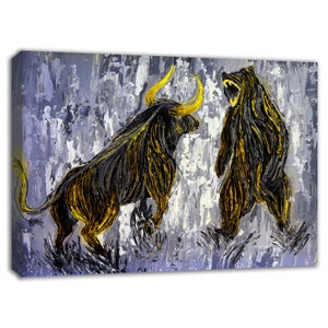 Bull Bear Wall Art Print, Bull Bear Painting Wall Street Poster, Bull Bear Poster, Bull Print Painting, Bull and Bear Stock Exchange Artwork