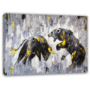 Bull Bear Wall Art Print, Bull Bear Painting Wall Street Poster, Bull Bear Poster, Bull Print Painting, Bull and Bear Stock Exchange Artwork