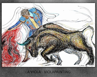 Abstract Matador Bull Fighting Oil Painting on Canvas Bull Bullfighter Spanish Bull Home Decor Large Wall Art Matador fight Living Room Gift