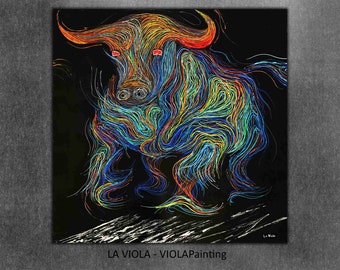 Bull Original Oil Painting on Canvas, Abstract Bull Stock Market Wall Street Painting Large Spanish Bull Home Deco Modern Wall Art Handmade