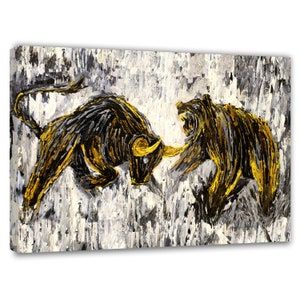 Bull Bear Wall Art Print, Bull Bear Painting Wall Street Poster, Bull Bear Poster, Bull Print Painting, Bull and Bear Stock Exchange Artwork