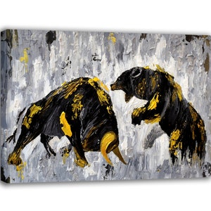 Bull Bear Wall Art Print, Bull Bear Painting Wall Street Poster, Bull Bear Poster, Bull Print Painting, Bull and Bear Stock Exchange Artwork
