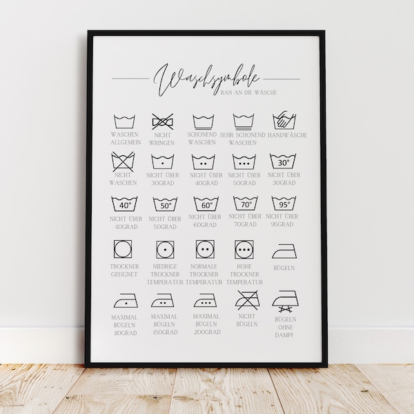 Waschküche | Waschmaschine | Waschsymbole | schwarz | clean | Typographie | Poster | Dekoprint | witzig | lustig | a4 | a5