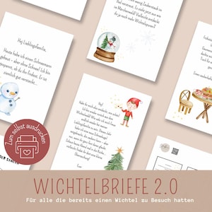 Peut inclure: Un ensemble de cartes d'échange de cadeaux de Noël à thème elfe imprimables avec des instructions pour une activité de vacances amusante. Les cartes présentent des illustrations d'elfes, de bonhommes de neige et d'un globe à neige. Le texte sur les cartes indique "Wichtelbriefe 2.0" et "Pour tous ceux qui ont déjà reçu la visite d'un Wichtel".