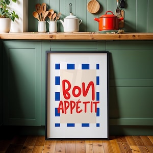 Cartel de cocina Bon Appetit | Impresión tipográfica de mediados de siglo | Póster con cita en francés, arte de pared para cocina en azul, blanco y rojo, moderno, tendencia